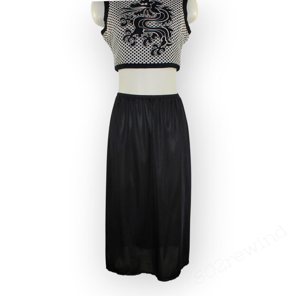 Med Vintage Vassarette Midi Slip Skirt Lace Trim Satin Sheen Stretch Slit Black